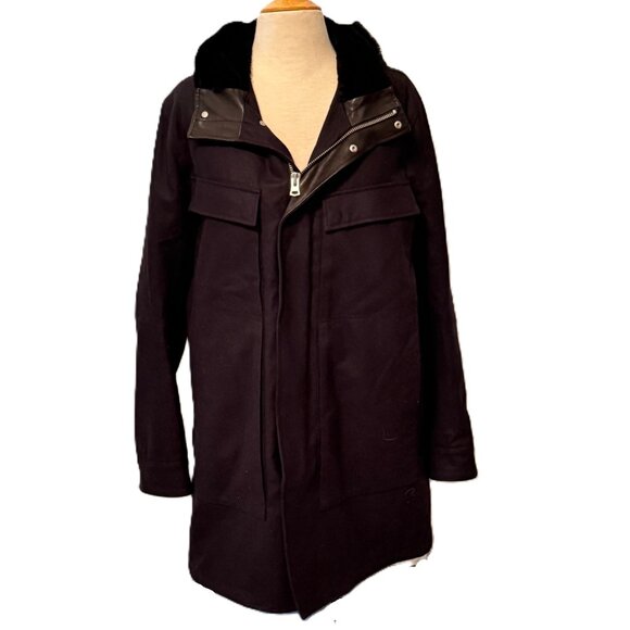 Theory Cashmere Wool Blend Large Black Hood Fur Zip Front Coat Jacket EUC - Picture 1 of 14